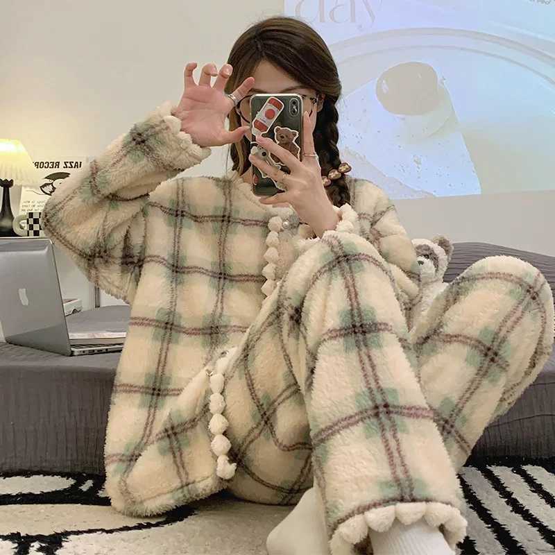 2025 New Flannel Plaid Sleepwear Women Winter Ruffles Pajama Pants Warm 2 Pieces Fluffy Button Night Wears Set Home WearT251029
