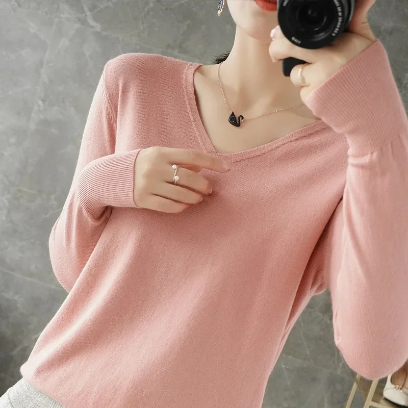 Women Sweater Autumn Winter Vneck Knitwear Long Sleeve Loose Cashmere Sweater Pullovers Lady Quality Jumper Knitted Tops 251029