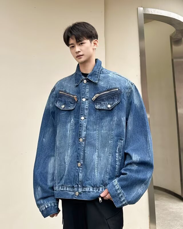 Trendy High Street Tie-dye Denim Jacket For Men American Casual Zipper Designer Jacket Design Cool Loose Workwear Jacket