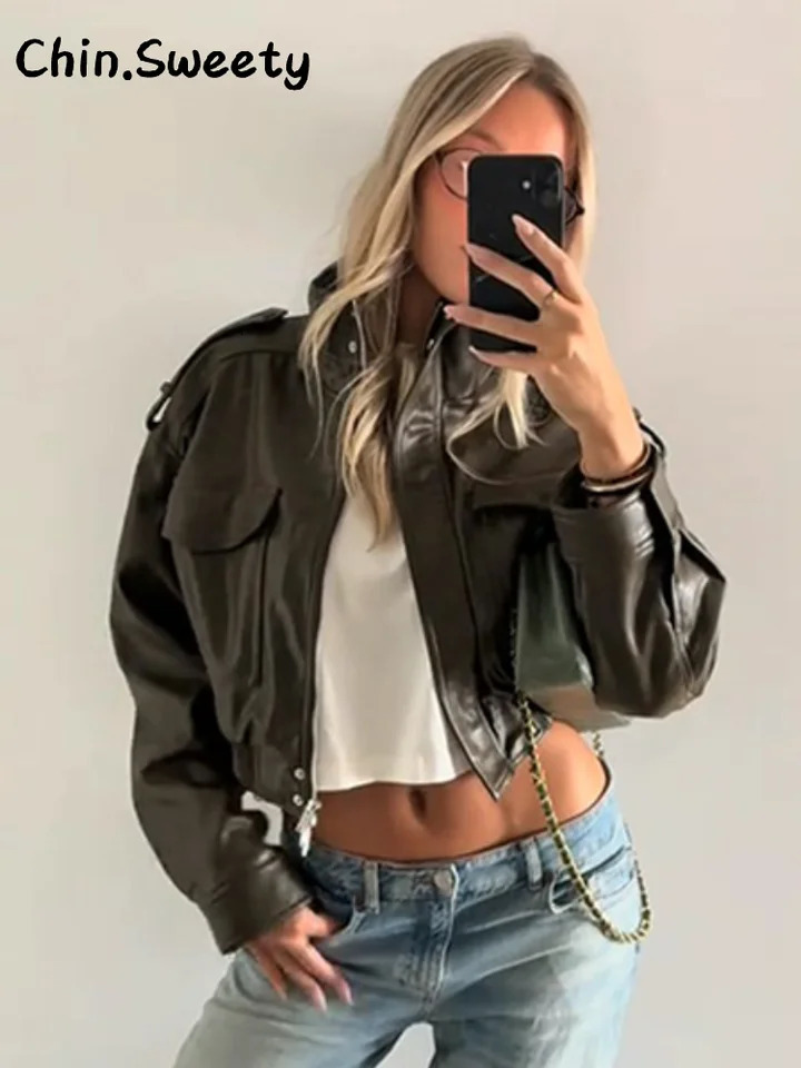 Street Vintage Pockets Cropped Leather Jacket Women Loose Stand Collar Long Sleeve Zipper Coat 2025 Autumn Lady Chic Outwear 251029
