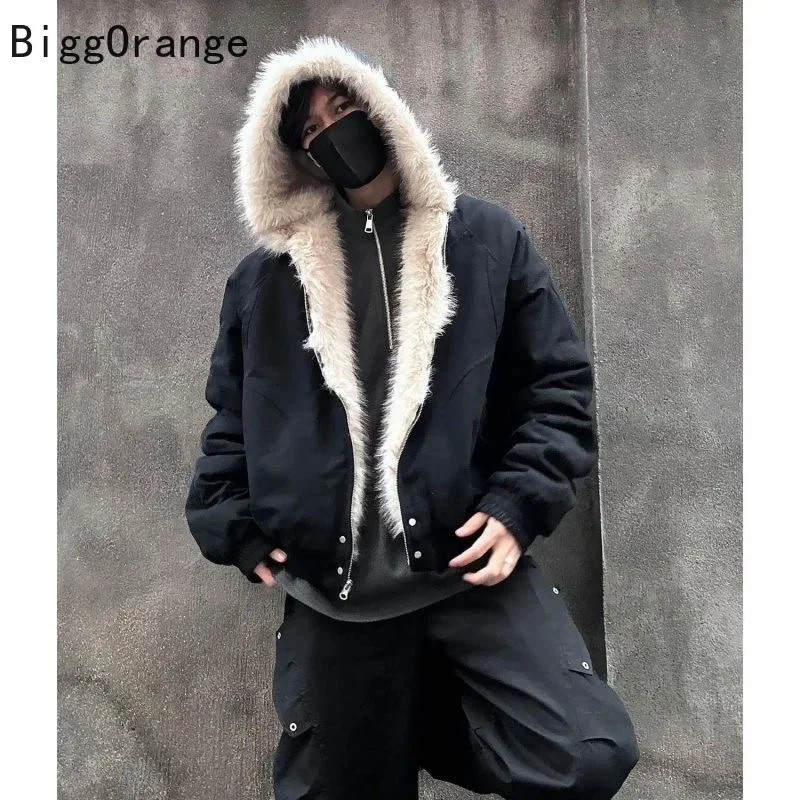 American vintage warm jacket fashionable and simple loose biker punk jacket hiphop style winter fur collar hooded jacket 251024