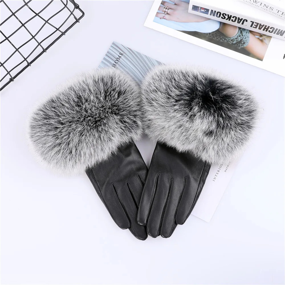 Sheepskin Natural Fox Fur Trimming Gloves Womens Genuine Leather Wrist Warmer Glove Winter Warm Fashion Mittens Fleece Lining 251029
