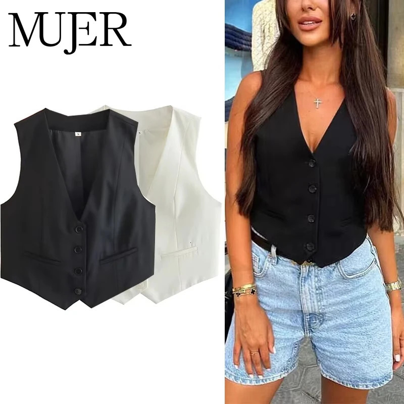 MUJER Womens Vest Black White Cropped Vest Top Women V Neck Sleeveless Vest Woman Fashion Working Summer Suit Vest Short Coats 251029
