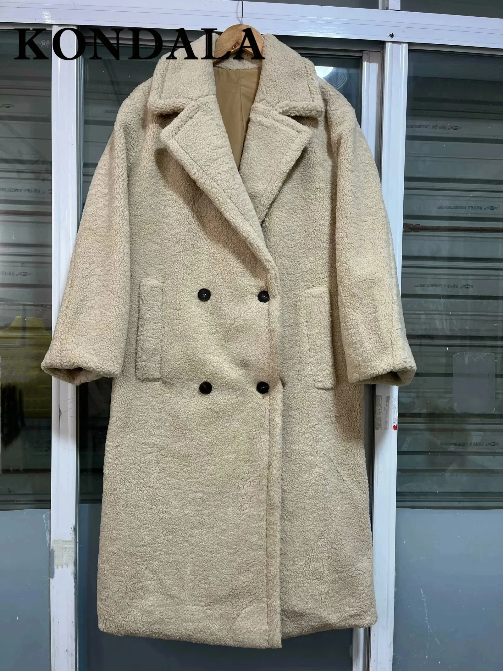 KONDALA Winter Women Casual Solid Coat Double Breasted Fleece Loose Fit Long Vintage Oversized Jacket 251028
