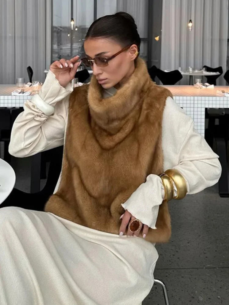 Women Solid Faux Fur Vest Crop Top Fashion Turtleneck Fluffy Short Tank Tops 2025 Winter Female Elegant Sleeveless Jacket Coat 251029