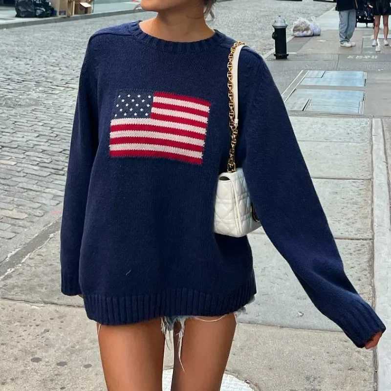 Y2K Vintage Loose Sweaters Long Sleeve Round Neck American Flag 90s Harajuku Pullovers Knitwear Winter Fall Streetwear J251029