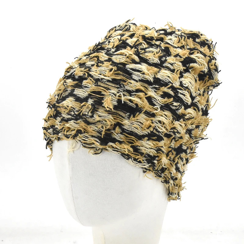 Hip Hop Balaclava Distressed Knitted Caps Mask Women Outdoor Camouflage Fleece Fuzzy Ski Balaclava Beanies Women Men Hat 251029