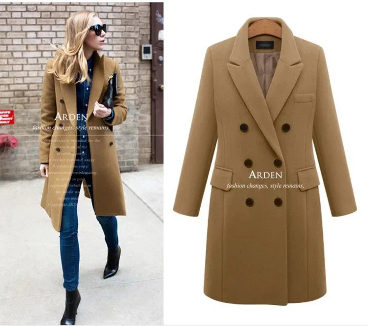MidLength Woolen Womens Coat DoubleBreasted Woolen Coats Trench Solid Color Autumn Winter Warm Outwear 251029