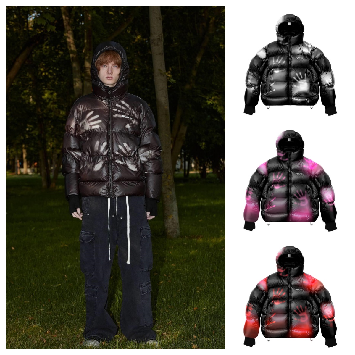 Mertra Men's Down Temperature-sensitive Color Change Warm Cotton-padded Jacket With Thickened Patchwork Embroidery Bread Coat Loose Unisex Trendy