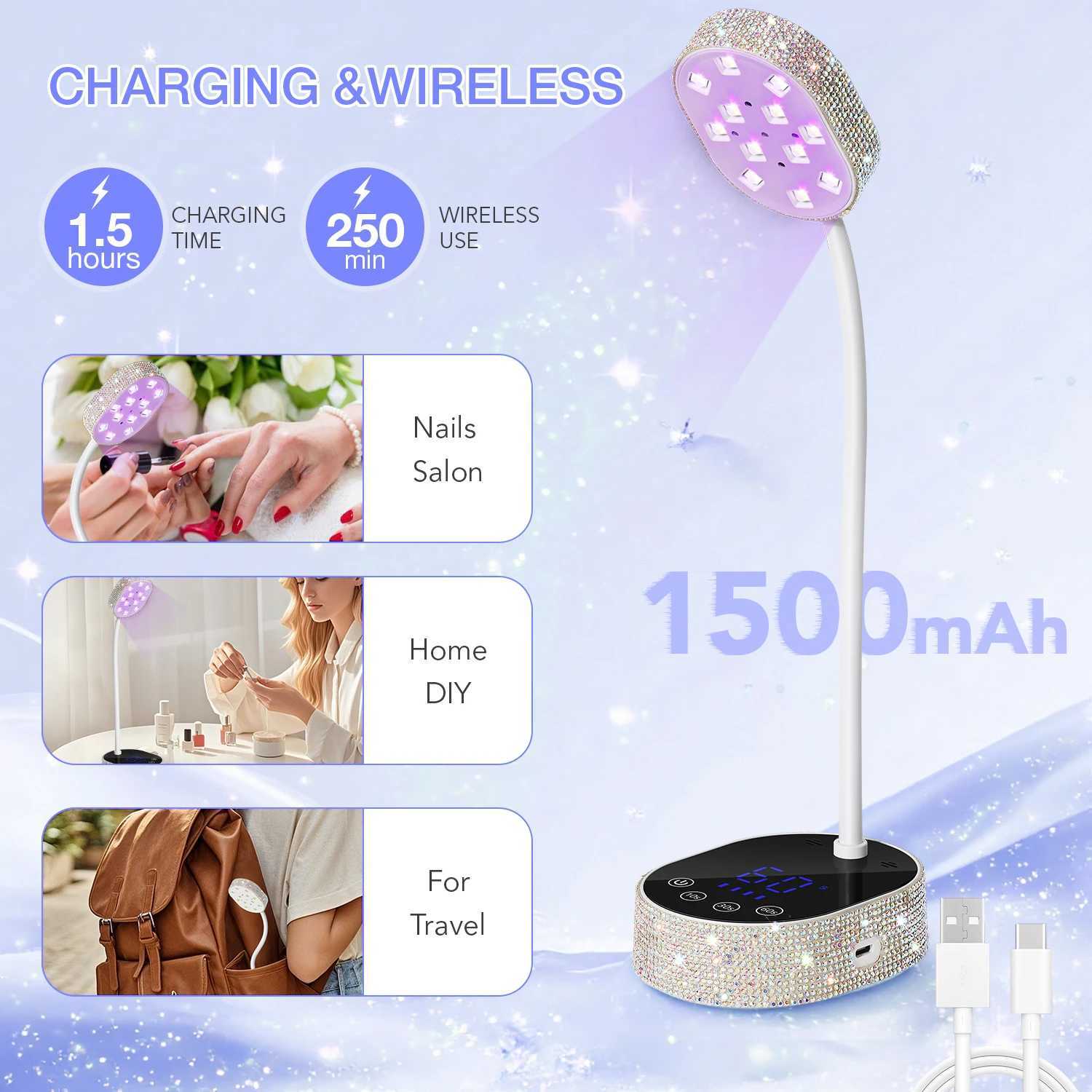 Wireless UV LED Nail Lamp 36W Rechargeable Mini Gel Dryer with Auto Sensor Timer and 360 Rotating Neck for Manicure on the Go J251115
