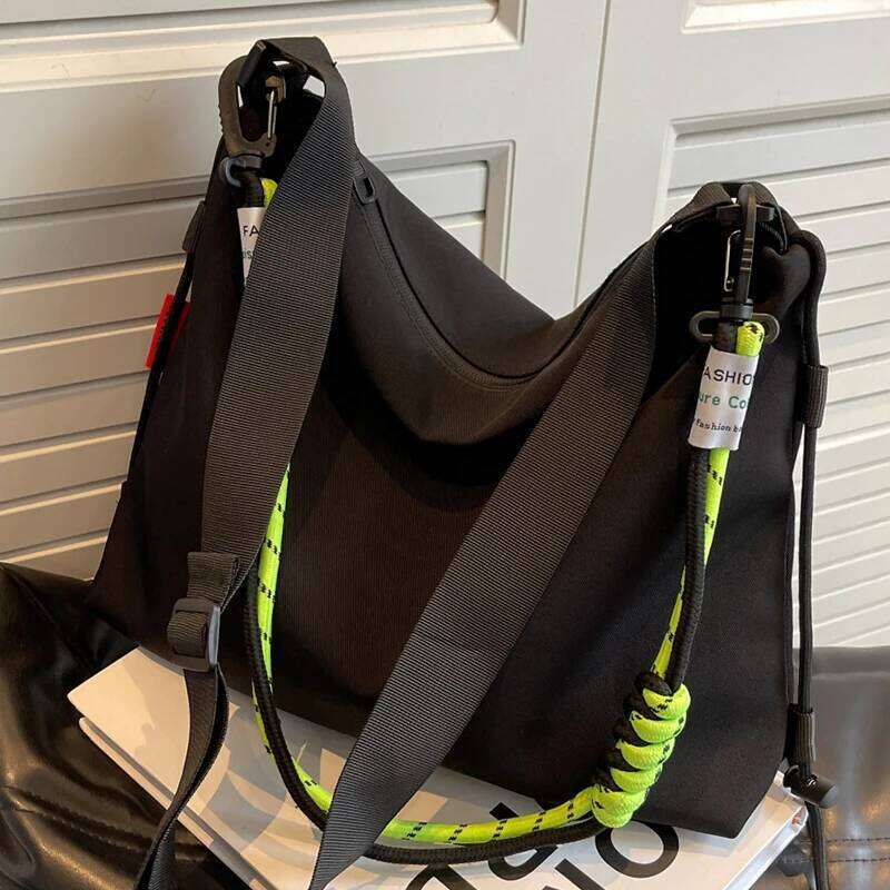 Unisex Leisure Big Nylon Crossbody Bag Black Korean Style Sweethearts Laptop Shoulder Bags Coloured Elastic Rope Lovers Handbag 251029