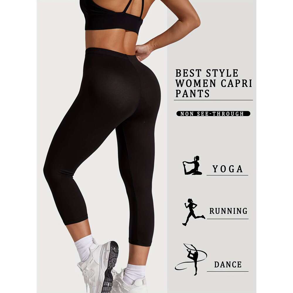 5 Packs Women's Sports Capri Set, Plus Size Plain Stretch High Rise Soft Yoga Running Leggings Pants 5Pcs Set
