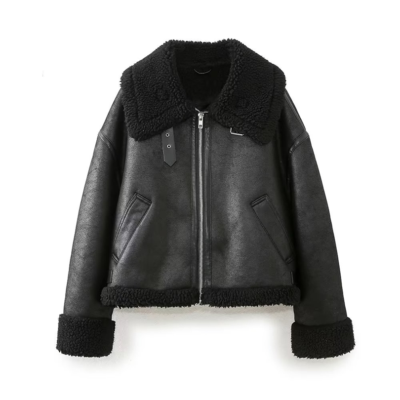 Womens Jacket with Collar Long Sleeve Zipper Pocket Double sided Motorcycle Style Spring 251021