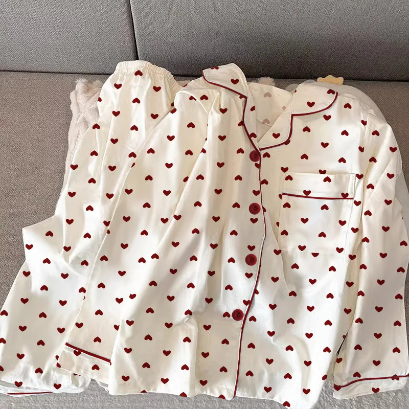 Spring and Autumn Ladies Ins Style Pajamas Homewear Set Girls Printed Love LongSleeved Underwear 251029