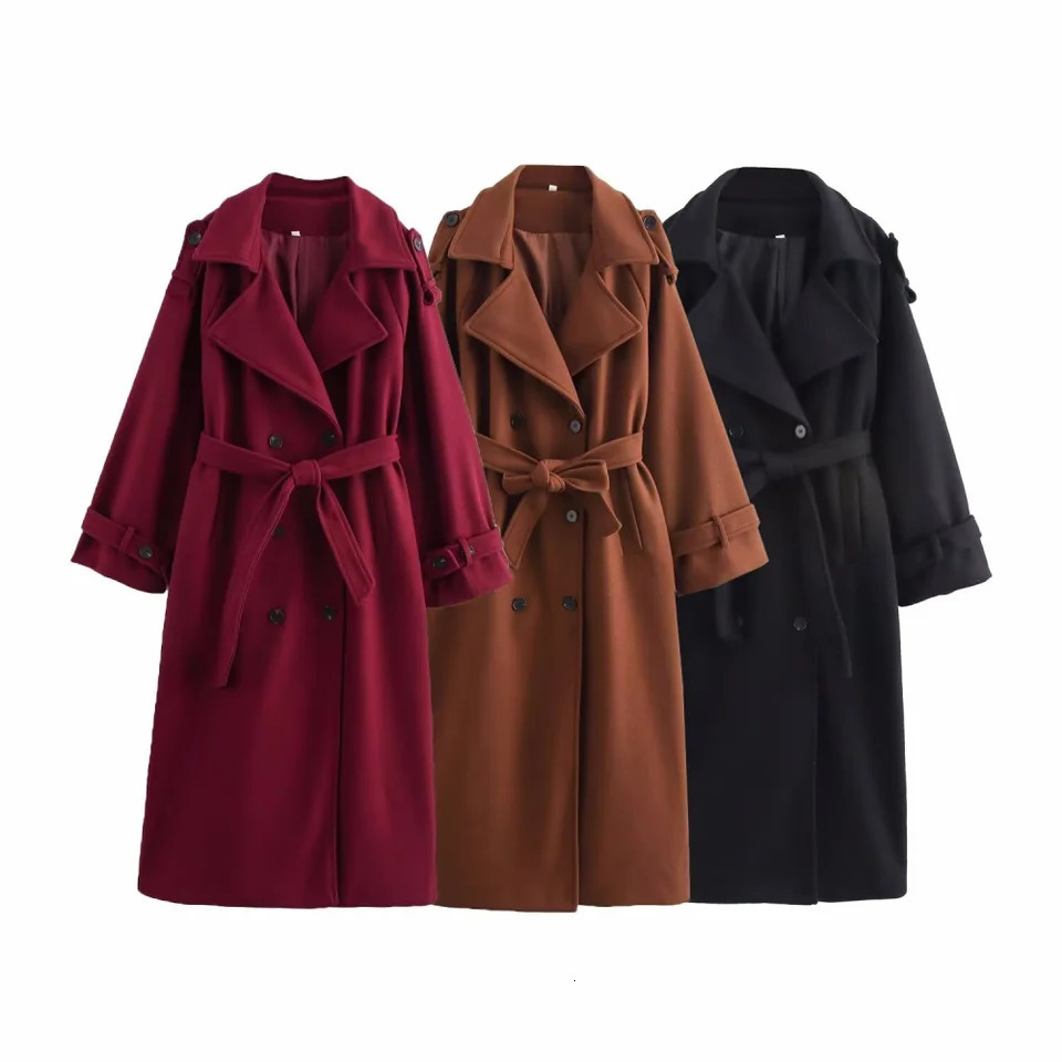 Womens Blended Loose Flip Collar Long Sleeve Button Pocket with Belt AutumnWinter Style Woolen Coat 251028