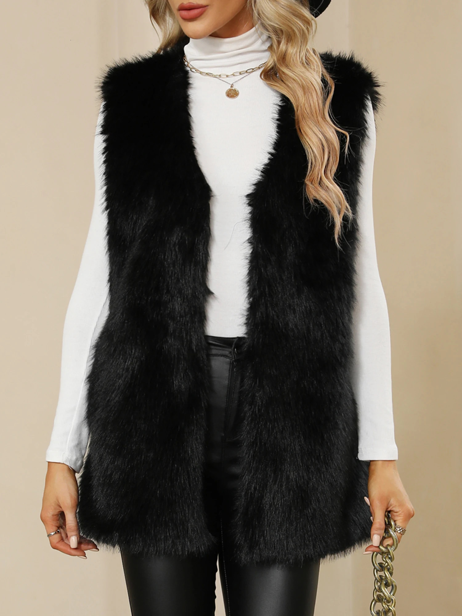 Ladies Winter Sleeveless Vest ButtonUp Faux Fur Jacket with Solid Color for Warmth and Style 251029