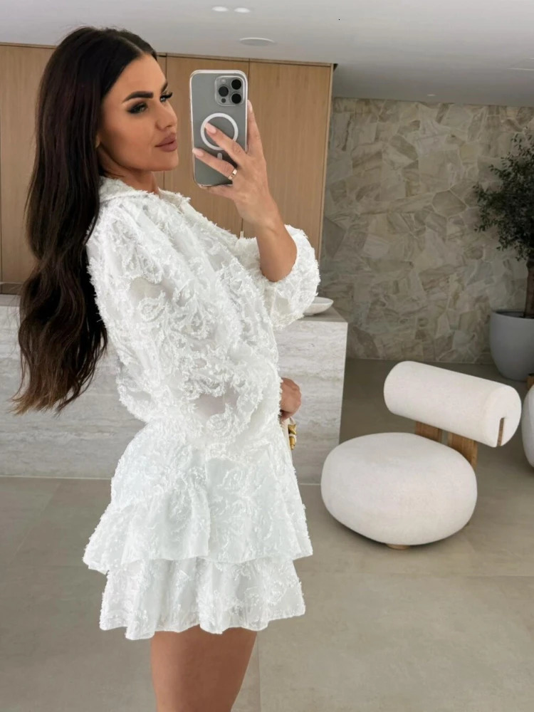 Summer Fashion Womens Elegant Hollow Two Piece Casual Long Sleeved Top Mini Shorts Temperament Street Set 251029