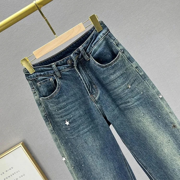 Heavy industry Denim diamond Studded Wide leg pants For women 2025 Autumn High waisted Loose Straight leg Jeans Female 251029