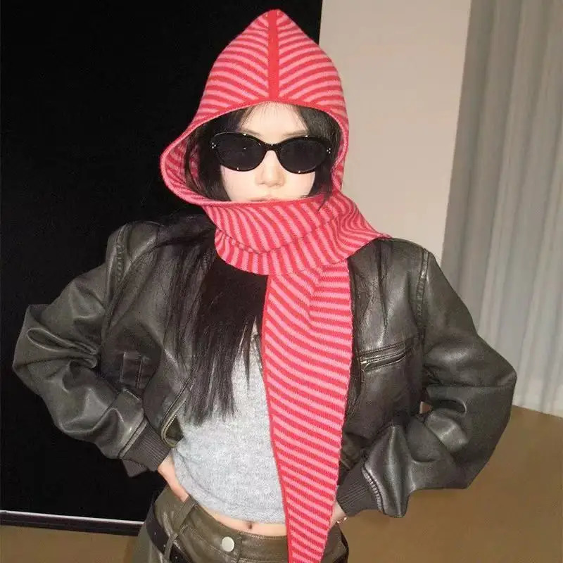 A Variety of Styles Autumn Winter Korean Version Striped Hat Scarf Integrated Womens Warm Shawl Scarf Wool Knitted Hat Hooded 251029