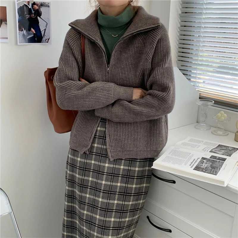 Womens Chic Open Cardigan Single Zipper Loose Knitted for Autumn Winter Korean Style Hot Sale Turndown Collar Simple SolidT251028