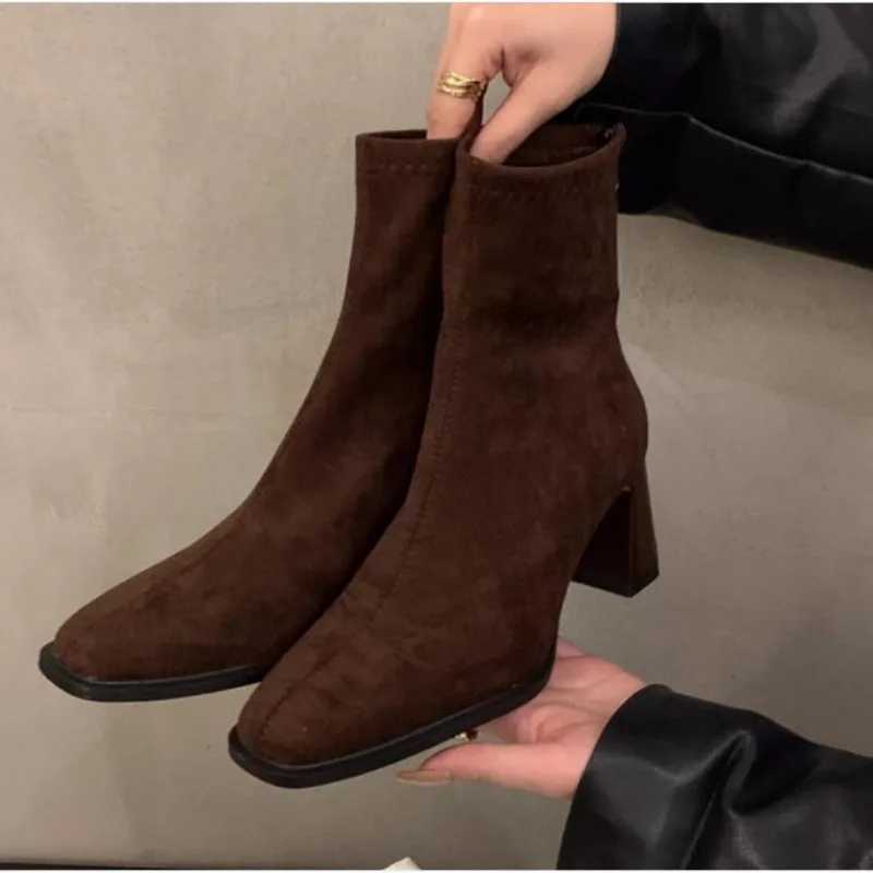 Vintage Women Ankle Boots 2025 Fashion Square Toe Thick High Shoes Autumn Winter New Ladies Elegant Stretch Slim Short Booties Z251029