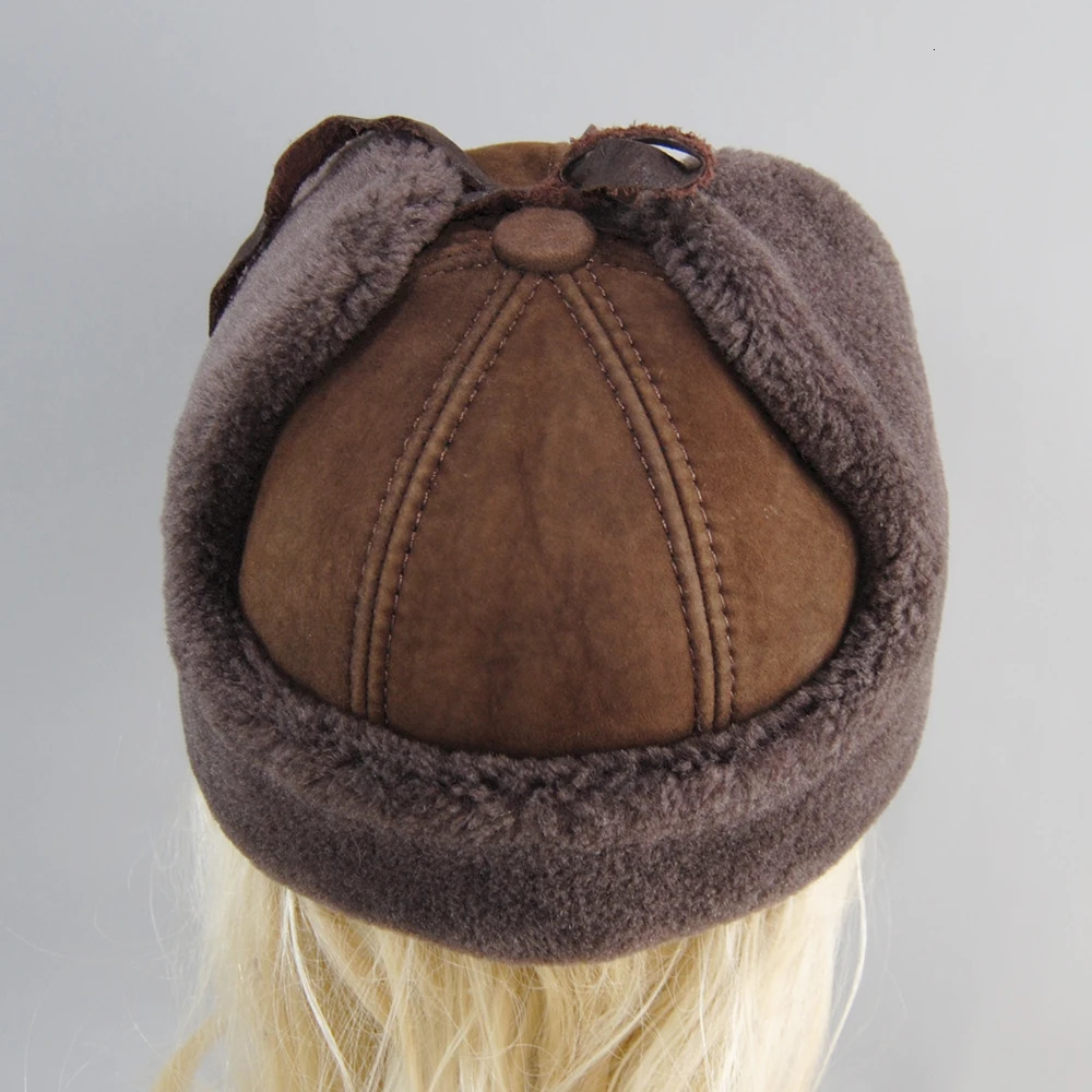Real Fur Wool Hat Unisex Winter Warm Bomber Russian Ushanka Hats With Ear Flaps Cow Leather Thick Snow Earflaps Baseball Cap 251029