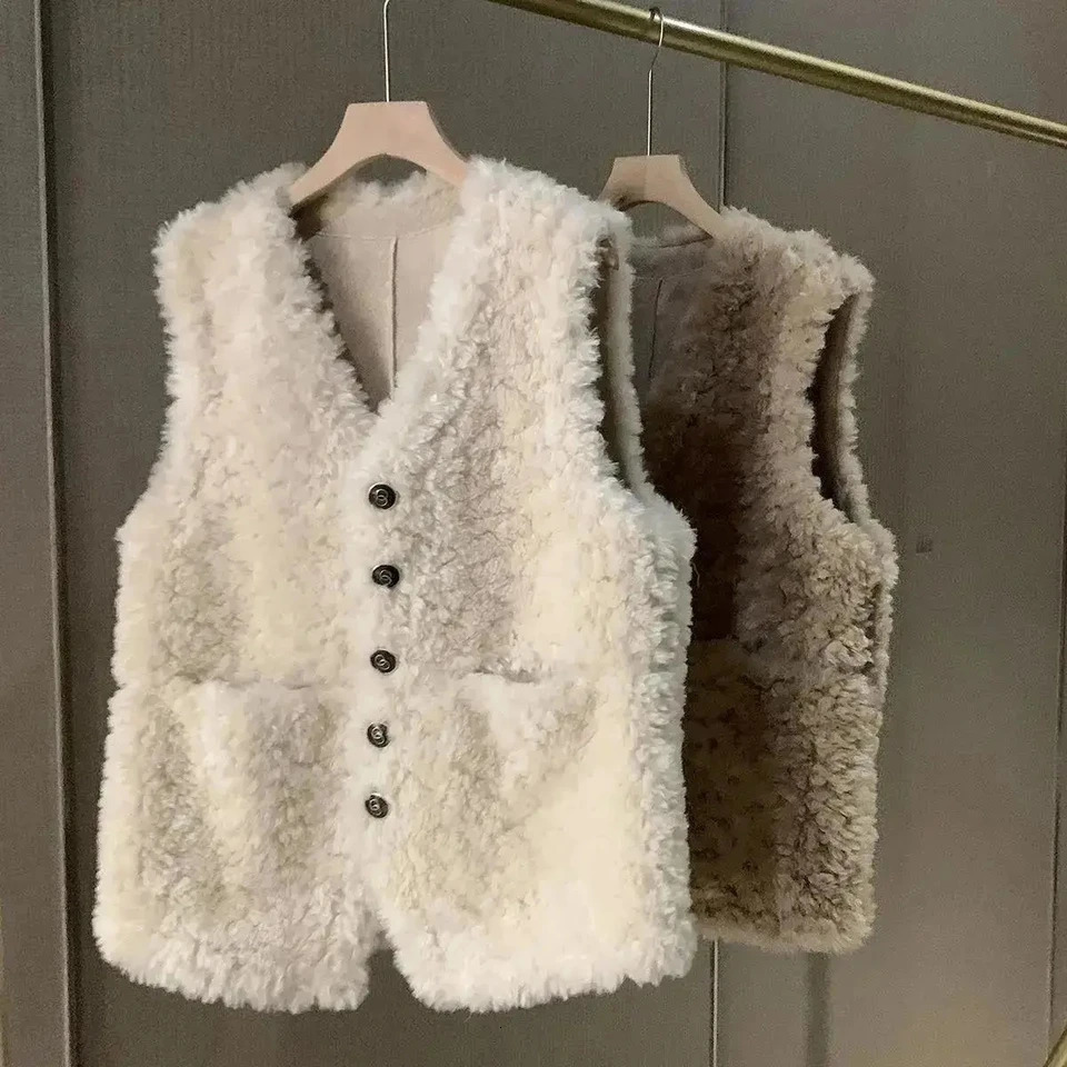 Lamb Fur Vest Coat Women Sleeveless Tops Allmatch Waistcoat Autumn Winter VNeck Button Warm Lamb Hair Sleeveless Jacket 251029