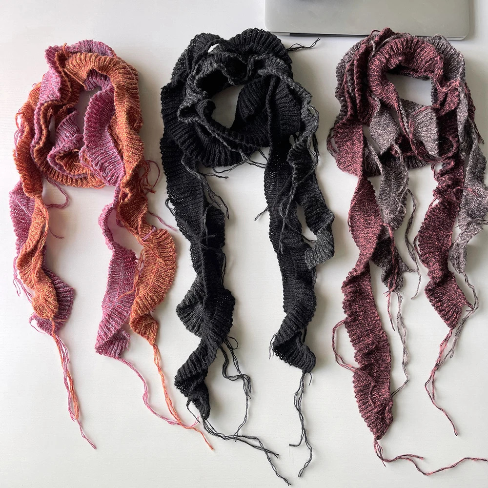 Y2k Girls Ruffle Edge knitted Long Scarf Harajuku Solid Color Skinny Thin Scarf Woman Decorative Scarf Women Tassel Narrow scarf 251029