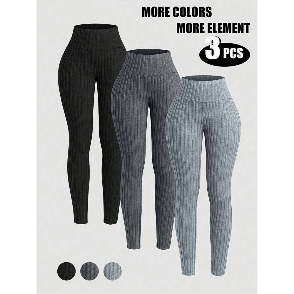 3Pcs Women's Casual Leggings Set High-Waisted, Stretchy, Solid Color Black, Gray, White - Comfortable & Versatile For All Seasons, High Waisted L