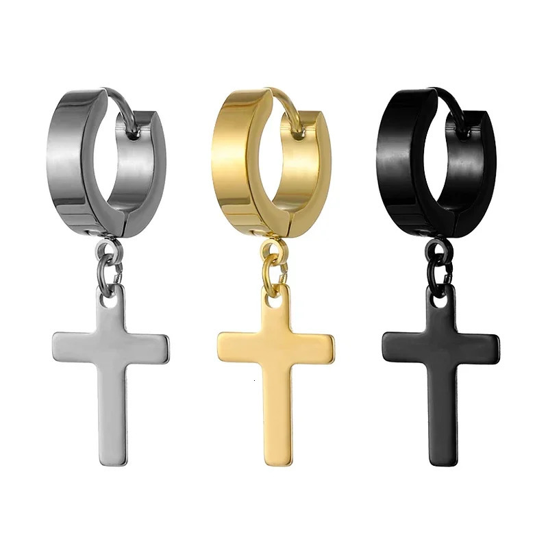 2pc Stainless Steel Men Cross Stars Punk Dangle Earrings Gothic Woman Cross Ear Hoop Earrings Pendant Piercing Jewelry 251013