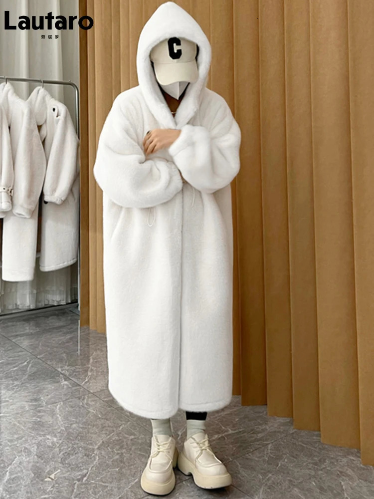 Lautaro Winter Long Oversized Warm Thick Blue White Fluffy Faux Fur Coat Women with Hood Loose Casual Korean Style Fashion 251029