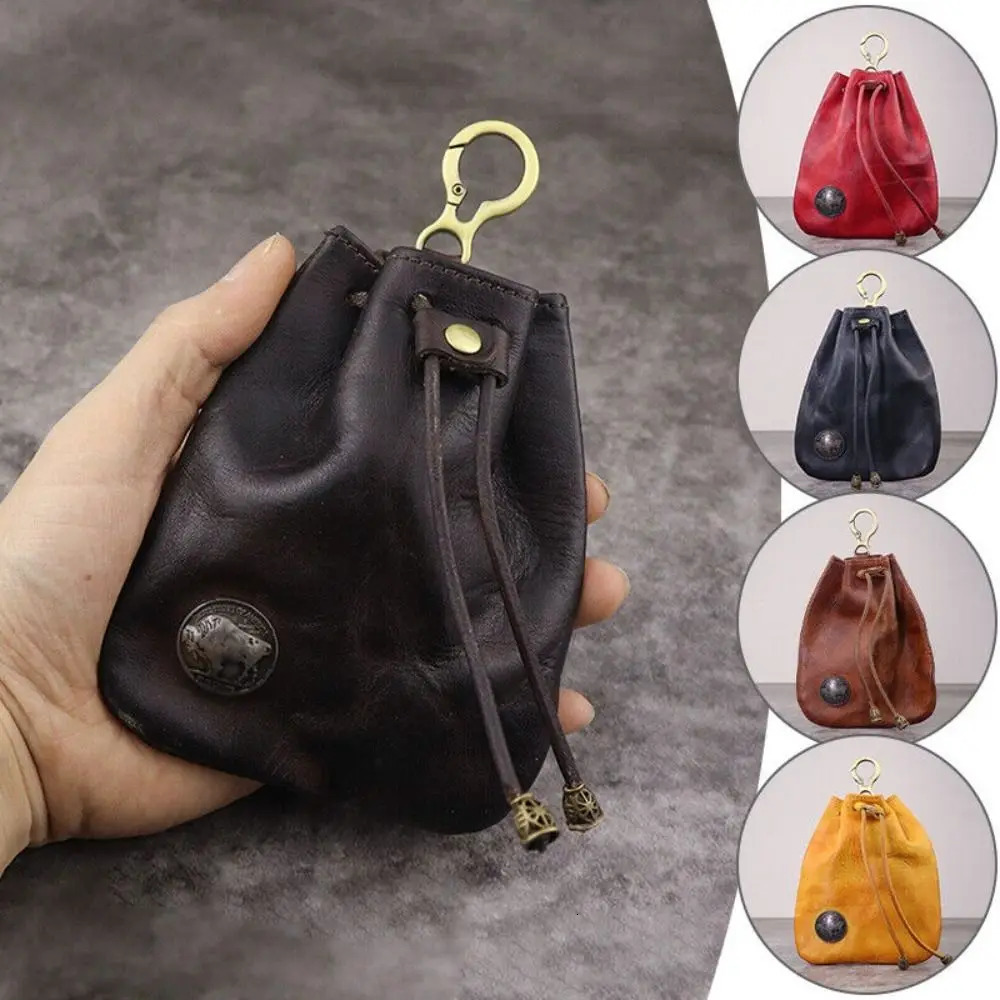 Retro Genuine Leather Coin Purse Pouch Drawstring Wallets Car Key Bag Simple Hanging Bag 251029