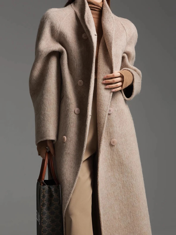 Womens Stand Collar Double Breasted Wool Coat Long Jacket Elegant Fashion Autumn Winter 251029