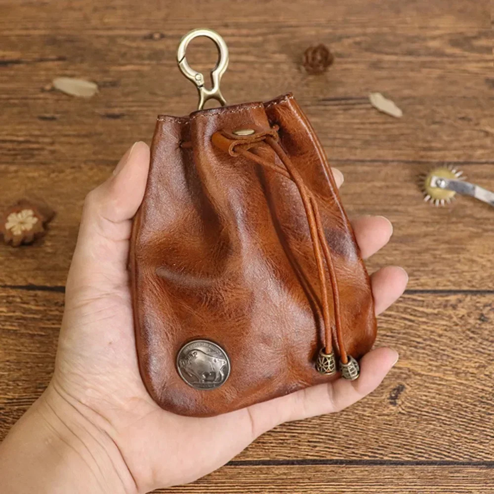 Retro Genuine Leather Bag Coin Purse Drawstring Key Wallets Fashion Women Men Housekeeper Card Key Holders Mini Purse Coin Pouch 251029
