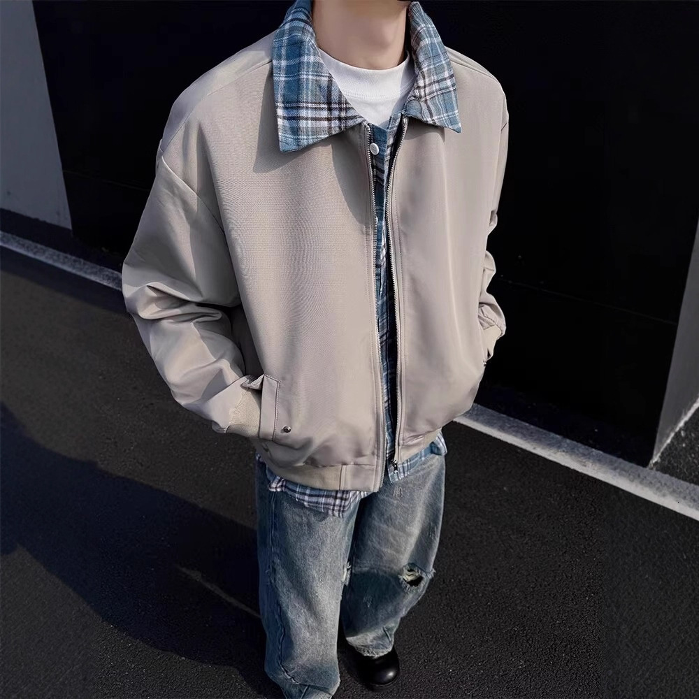Unique Plaid Designer Jacket Turn-down Collar Fake Two-piece Jacket Unisex American Street Style Loose Casual Couple Coat Trendy