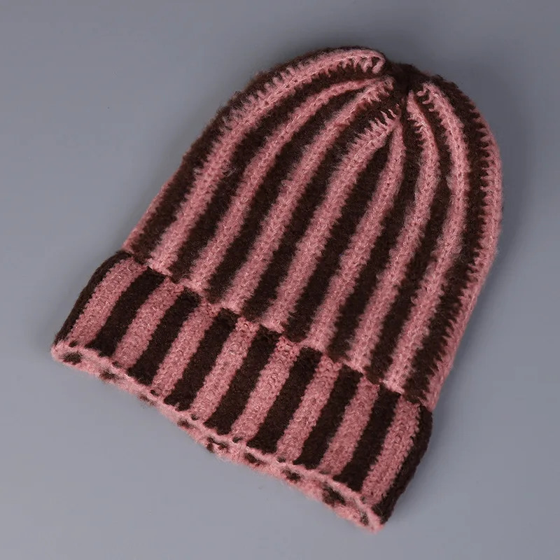 Korea 2025 Autumn and Winter Korean Feather Yarn Striped Wool Beanie Cap Women Showing Face Small Cold Knitted Cold Hat Men 251029