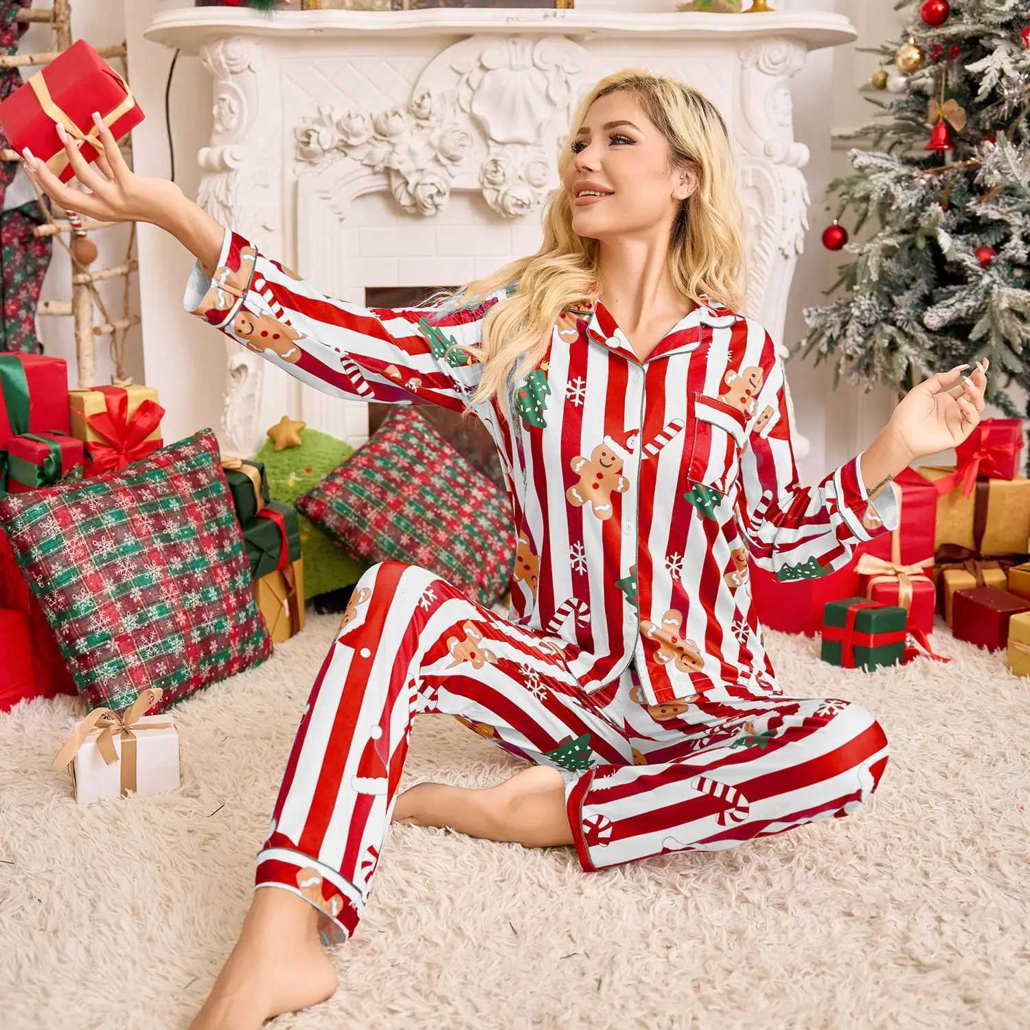 Pajamas womens cardigan lapel longsleeved trousers loungewear can be worn outside suit womenT251029