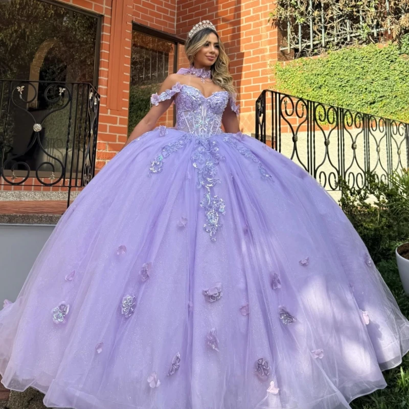 Lavender Shiny Ball Gown Quinceanera Dresses Off The Shoulder Applique Flower Beads Bow Tull Party Birthday Sweet 16 Dress Vestidos 15 anos