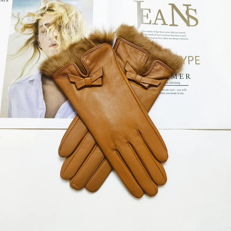 Womens sheepskin bow gloves with warm velvet lining and genuine leather driving 251013