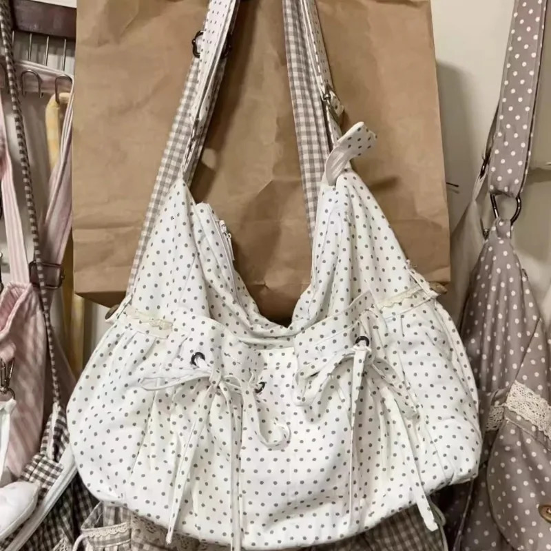 Vintage Dots Bow Office Lady Underarm Bag Korean Fashion Women Shoulder Bags Y2k Aesthetic Casual Purses and Handbags 251029