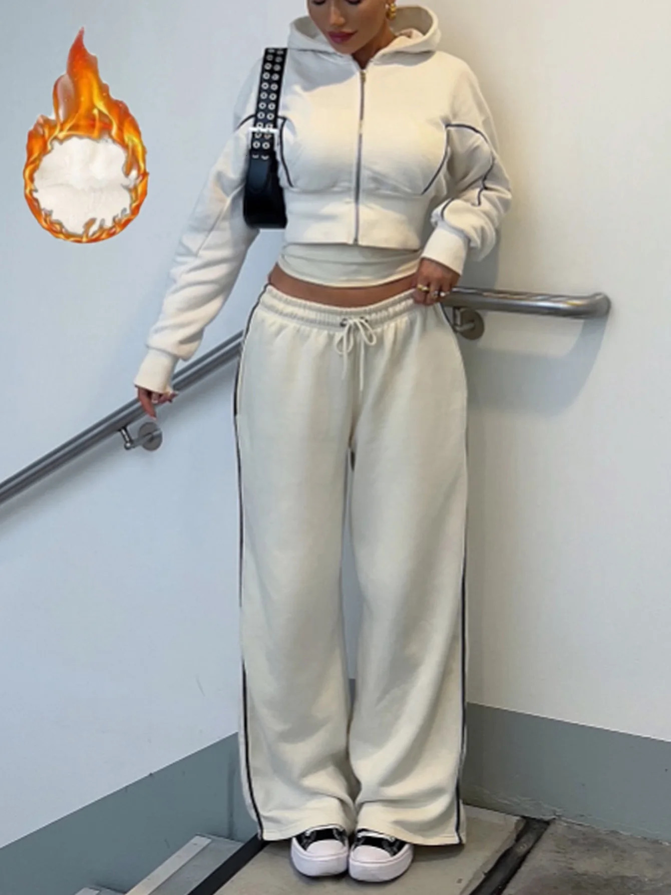 Womens longsleeved cropped sweatshirt womens hoodie and pants twopiece set suitable for autumn winter clothing 251028