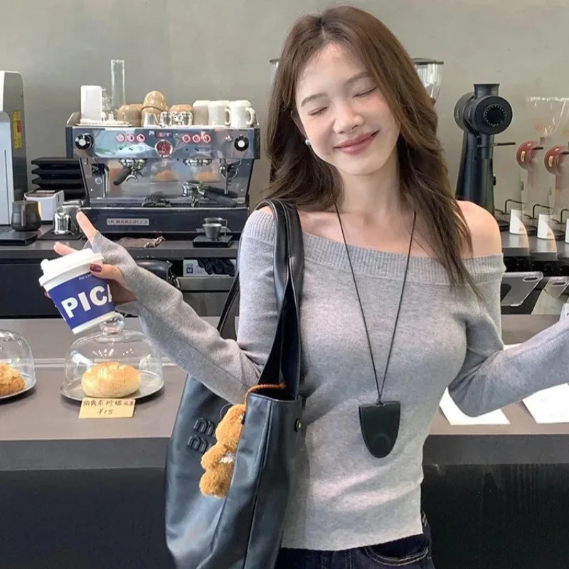 Sexy Pullovers Women Off Shoulder Cropped Knitted Basic Clothes Autumn Allmatch Side Slit Simple Tender Slim Gentle Seductive 251029