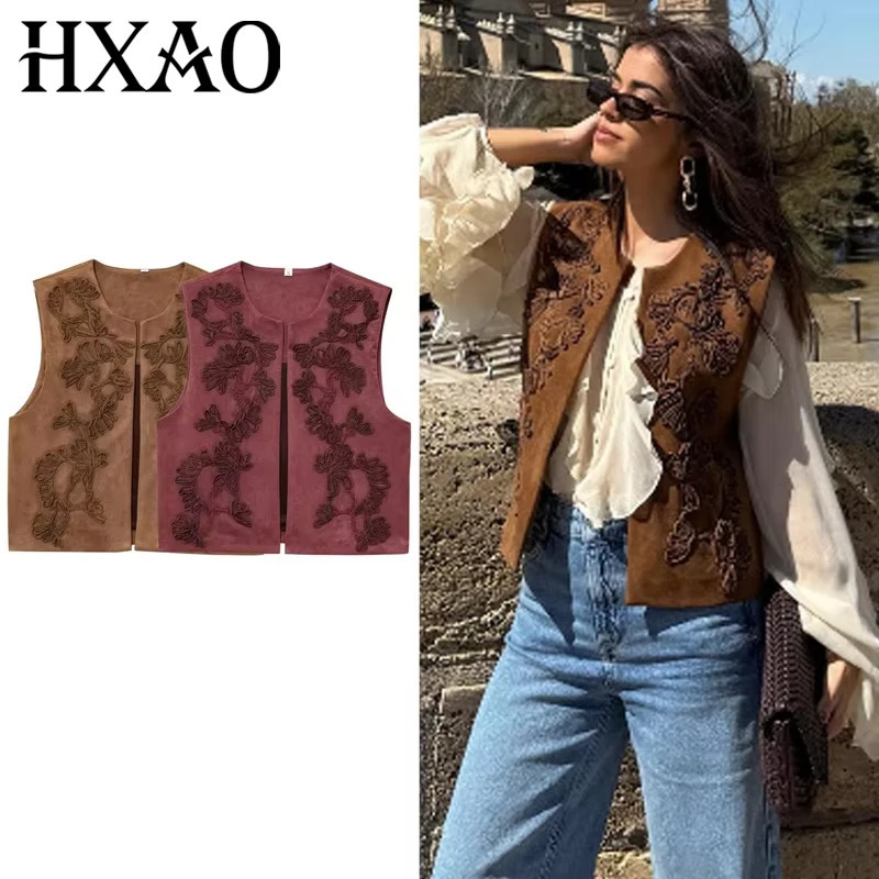 HXAO Womens Vest Crop Embroidered Waistcoat 2025 Spring Suede Sleeveless Vest Brown Red Cardigan Chic Elegant Giletes For Women 251029