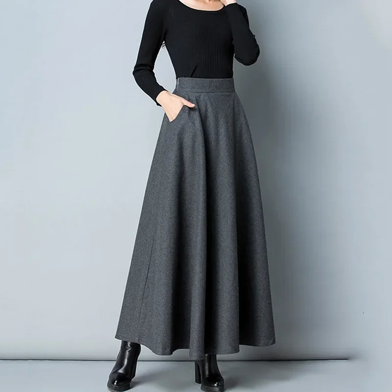 SMVP Winter Womens Long Woolen Skirt Elegant High Waist Wool A Line Skirts Female Casual Thick Warm Pocket Maxi Skirts Lady 251028