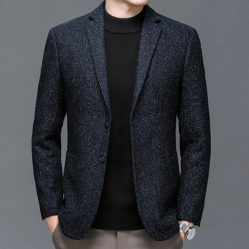 Classical Men Navy Blue Tweed Wool Blazers Sheep Woolen Suit Jackets Gentlemen Fashion Outfits for Business and Casual Wear 251028