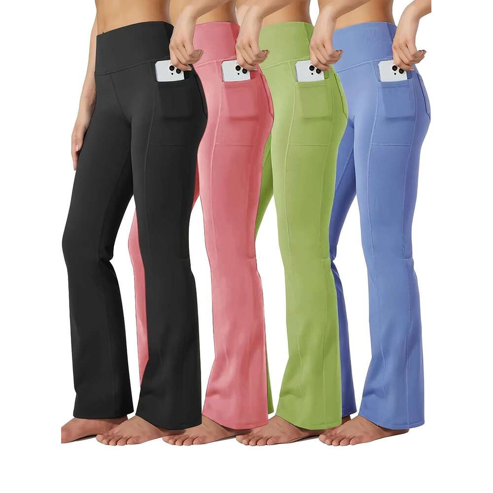 Plus size 4pcs set of sports pants with phone pocket, fashionable and casual hip lifting exercise yoga fiess bell pants, Women's sportswear
