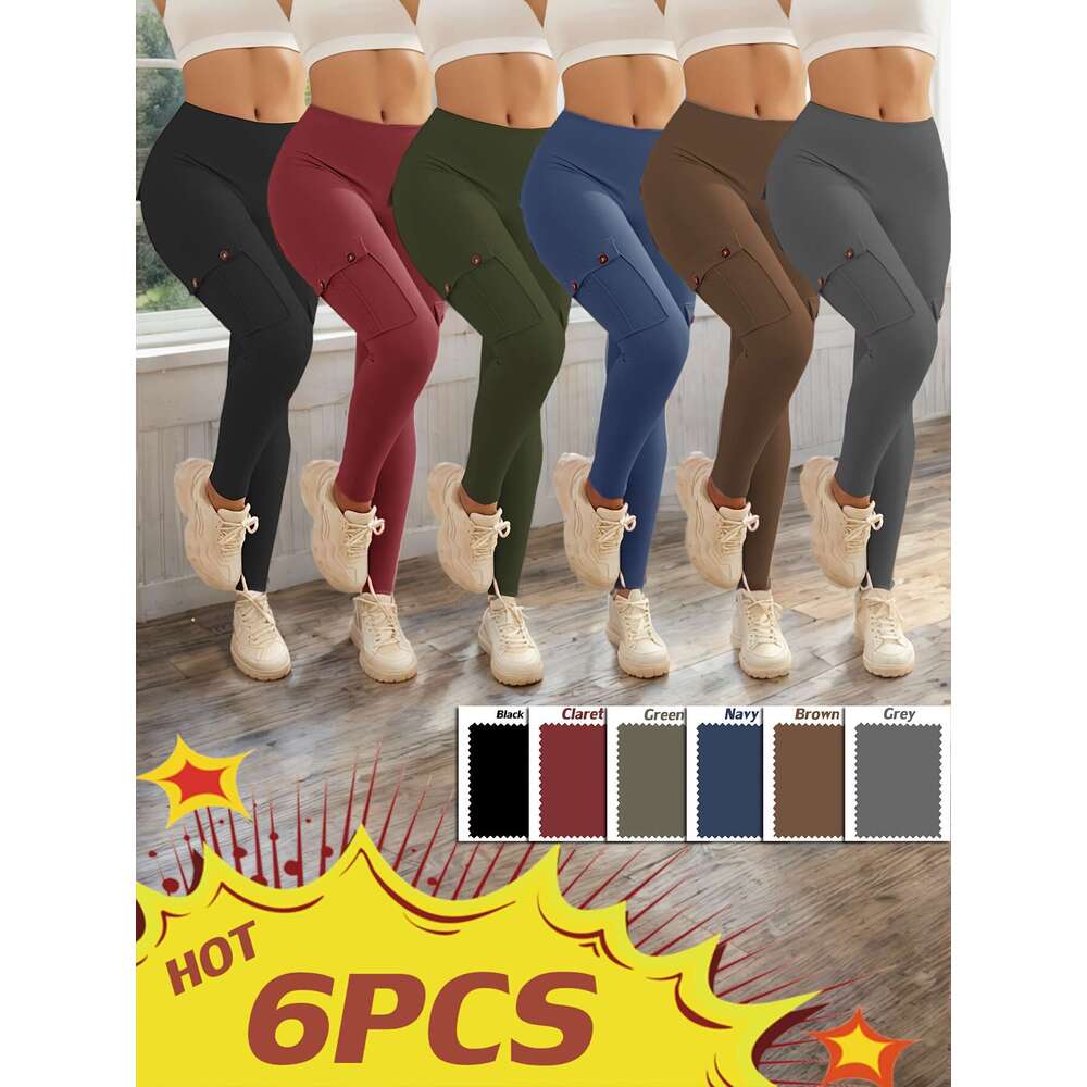 High Waist Yoga with Button Pockets, Multipack Butt Lifting Tummy Control Workout Running 4 Way Stretch Cargo Sports Pants, 6pcs Leggings Set