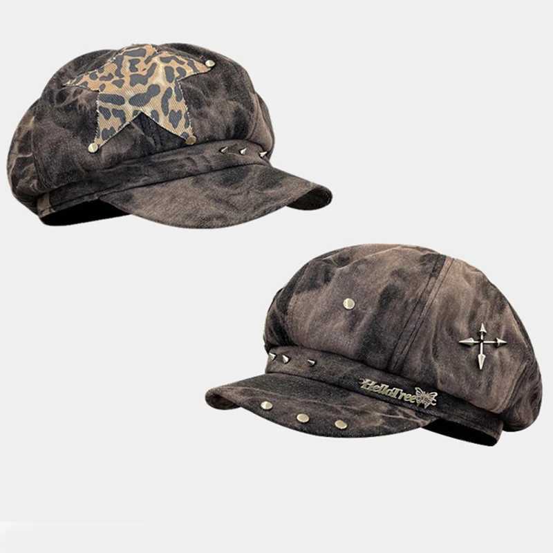 Y2K Personalized Star Sticker Design Rivet Design Berets Caps Women Spring Autumn Fashion Versatile Retro Tiedye Newsboy Hats