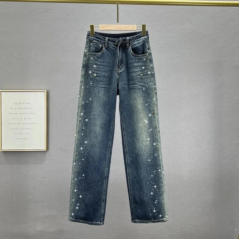 Heavy industry Denim diamond Studded Wide leg pants For women 2025 Autumn High waisted Loose Straight leg Jeans Female 251029