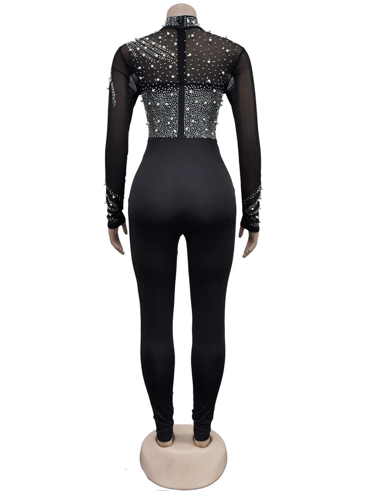 Beyprern Womens Sheer Mesh Crystal Jumpsuits One Piece Outfits Glam Fitted Long Sleeve Pearls Rhinestone Rompers Club Overalls 251029